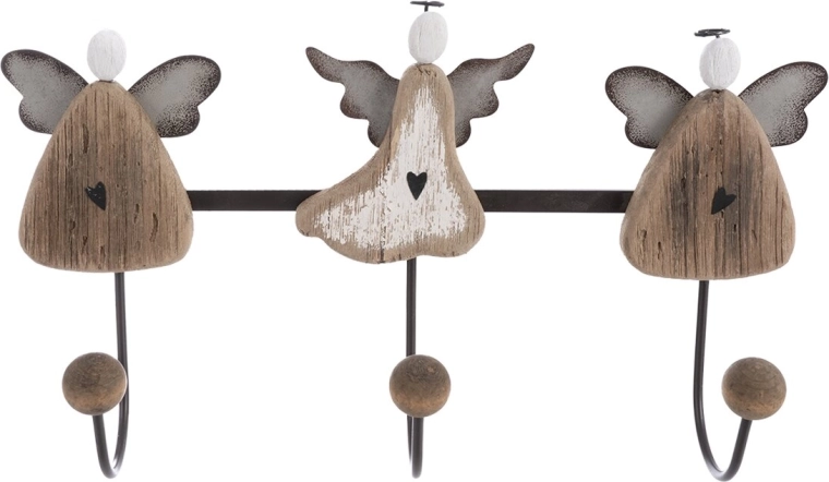 Wall-mounted Angel coat rack in beige made of paulownia wood and metal, 3 hooks
