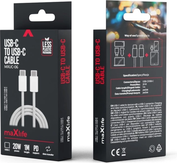 Maxlife nailoninis kabelis USB-C – USB-C 1 m 20 W pilkas