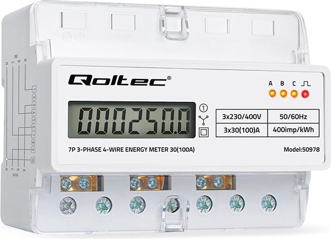 Trifazinis elektroninis elektros skaitiklis ant DIN bėgelio, 400 V, 100 A, LCD ir LED indikacija
