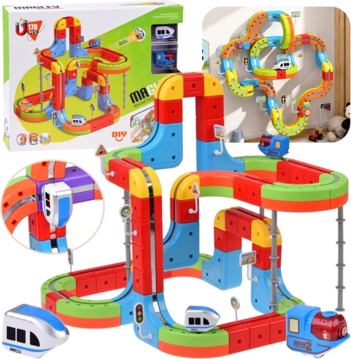 Magnetic blocks with a magnetic railway and 2 trains, 178 pieces