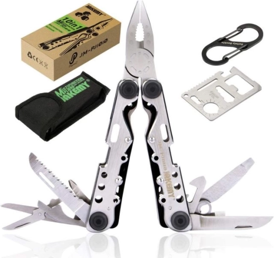 Jakemy multifunctional multitool 10-in-1 with survival card, carabiner and pouch - 1 piece