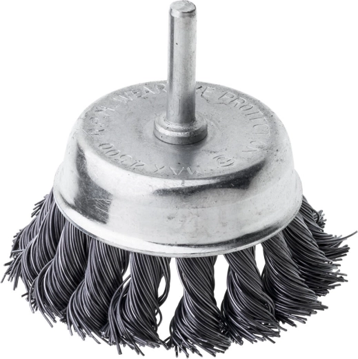 Cup-shaped steel brush with shank 75 mm, crimped wire 0.5 mm