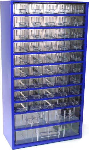 Metalinis stalčius detalių laikymo blokas TOKOZ, 45 maži + 2 vidutiniai + 1 didelis stalčius, 30,5 × 55 × 15,5 cm, mėlynas