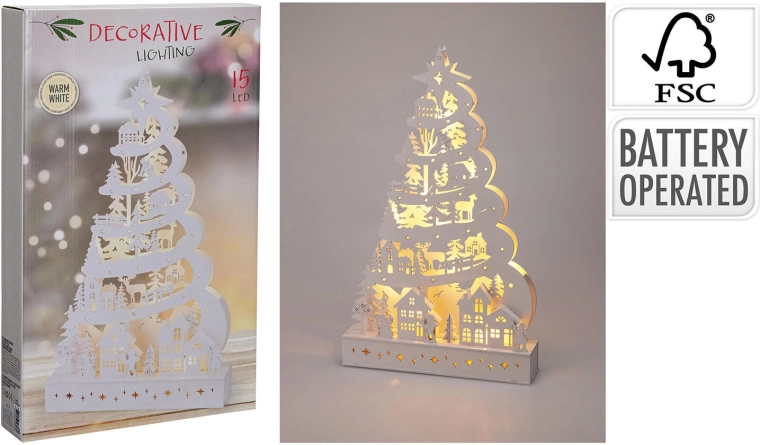 Medinė LED dekoracija Kalėdų eglutė 45 cm balta – 1 vnt.