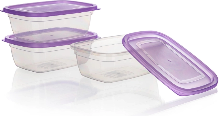 Plastikinių maisto dėžučių rinkinys 1,25 l – 3 vnt., violetiniai dangteliai