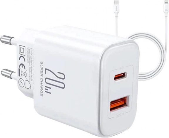 Joyroom Flash tinklo įkroviklis 20 W su dviem išėjimais + USB-C į Lightning kabelis 1 m baltas