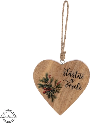 Hanging heart made of mango wood “Happy and Merry” - 1 piece