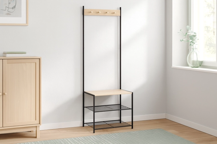 Laisvai pastatoma prieškambario kabykla su suoliuku ir 3 lentynomis 60 × 40 × 175 cm