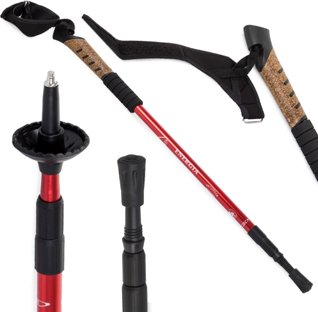 Korkinė trekingo lazda Nordic Walking su anti-shock sistema, raudona
