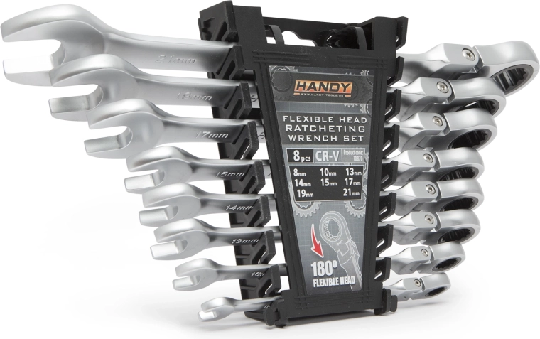 Set of ratcheting combination wrenches with a swivel head