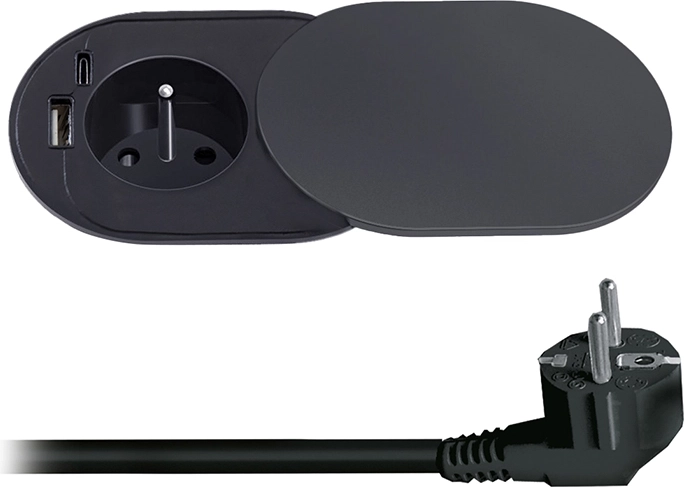 Solight įmontuojamas lizdas 230 V su USB-A ir USB-C 20 W PD su slankiuoju dangteliu, 2 m, matinė juoda