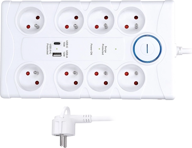 Solight surge protector with 8 sockets and USB-A/USB-C, 2 m, white