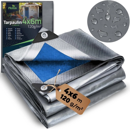 HDPE tentas 400 × 600 cm, 120 g/m², sidabro–mėlynas