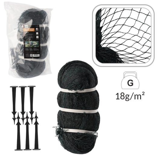 Apsauginis tinklas nuo paukščių 5 × 10 m, 18 g/m² + 10 plastikinių kuoliukų