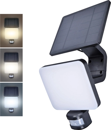 Solight LED saulės energija maitinamas lauko sieninis šviestuvas su jutikliu, 11 W, 1200 lm, 3 CCT, juodas – 1 vnt.