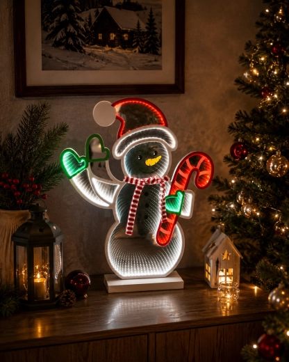 Christmas 3D LED decoration snowman with candy cane with infinity mirror effect - 1 piece