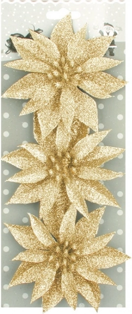 Kalėdinės rožės su auksiniais blizgučiais – 3 vnt. rinkinys