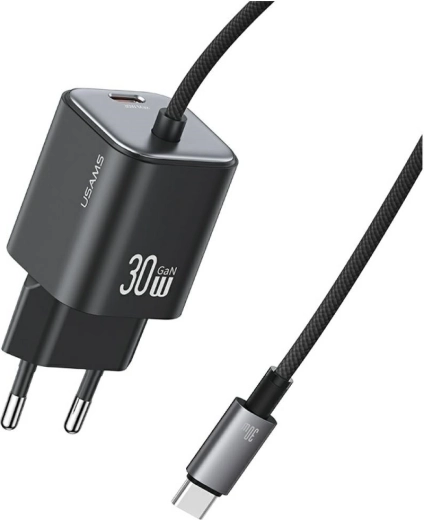 USAMS JC Series CC264 30W GaN wall charger with built-in USB-C cable (black)
