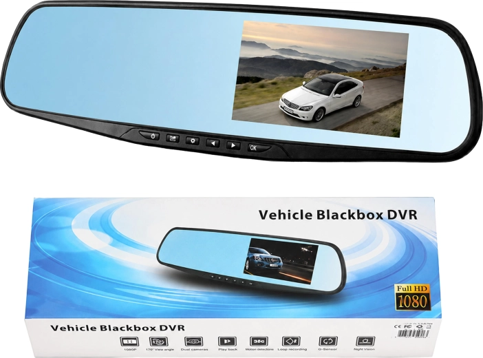 Car camera in a rear-view mirror with Full HD front and rear camera recording