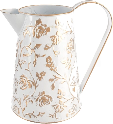 Decorative metal watering can with roses, white and gold