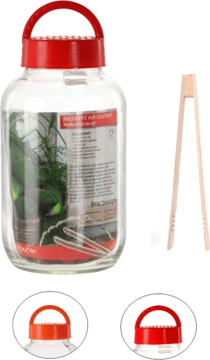 Stiklainis 4 l su plastikiniu dangteliu, receptu ir vaisių žnyplėmis