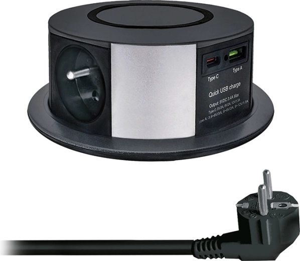 Solight pop-up power socket block with 3 sockets, USB-A/USB-C PD 20 W and Qi wireless charging 10 W, 2 m, black