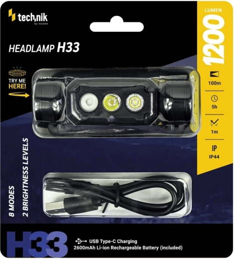Technik H33 galvos žibintuvėlis su LED SST20 ir USB‑C (1200 lm)