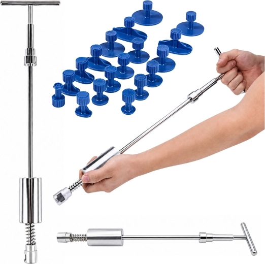 Body dent removal kit with slide hammer and 18 pull adapters