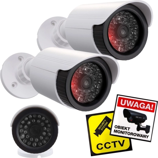 Dviejų cilindrinių kamerų maketų rinkinys su IR LED, baltos, maitinimas 2×AA, IP44