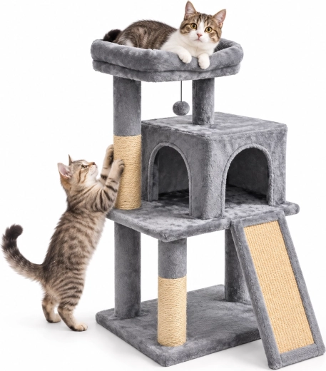 Grey cat scratching post with house 45 × 35 × 90 cm