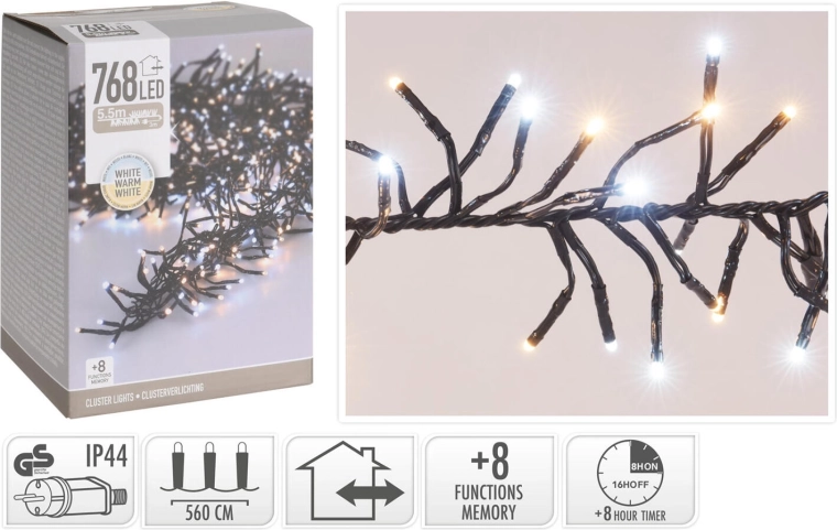 Kalėdinė LED šviesos girlianda 5,6 m, 768 LED, šilta balta, 8 funkcijos, IP44, su laikmačiu – 1 vnt.