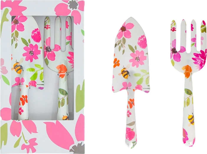 2-piece garden tool set with floral decor, iron
