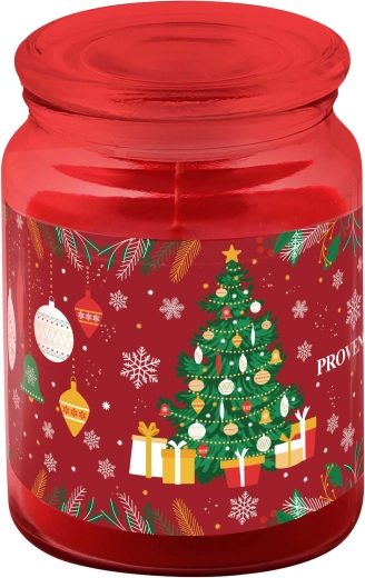 Scented candle in a Provence glass jar with white chocolate fragrance and Christmas tree design