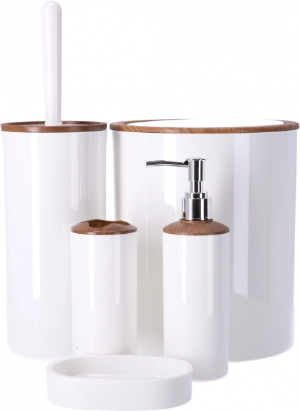 5 dalių vonios kambario aksesuarų rinkinys BERRETTI, baltas su mediniais elementais