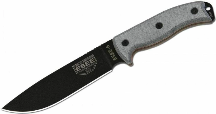 Universalus peilis ESEE 6P su lygia ašmenų briauna, juoda/pilka, Micarta, dėklas