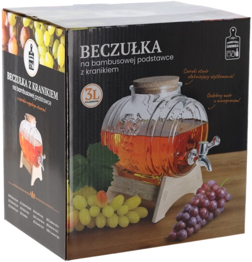 Beczułka Winogrono gėrimų dozatorius 3 l su čiaupeliu ir bambukiniu stovu