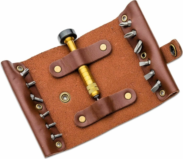 CRKT Hex Bit Driver travel set with leather case and 13 bits