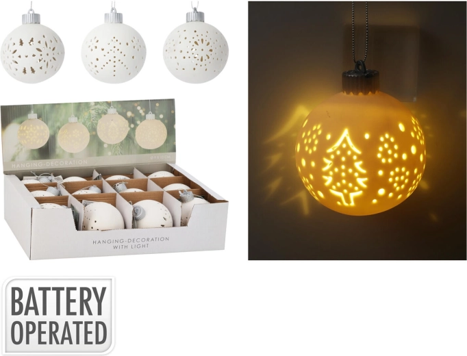 Hanging LED Decorative Ball 10 cm – White, Mixed Motifs