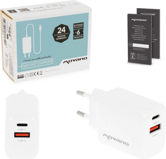 Movano GaN tinklo įkroviklis 20 W USB-C PD + USB-A baltas
