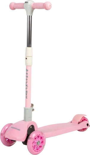 Pink foldable children’s balance scooter with three wheels and LED wheels