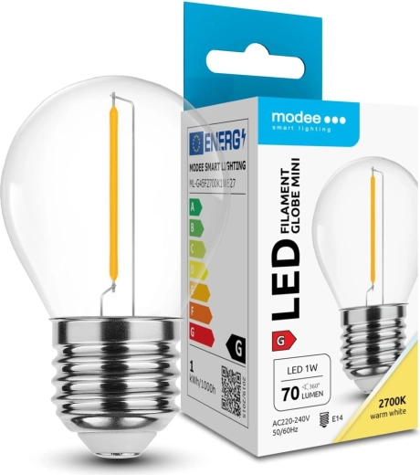 Modee LED gijos mini lemputė G45 1 W E27, šilta balta 2700 K, 70 lm