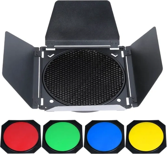 Godox BD-04 sklendžių, korio tinklelio ir spalvotų filtrų rinkinys 7" reflektoriui