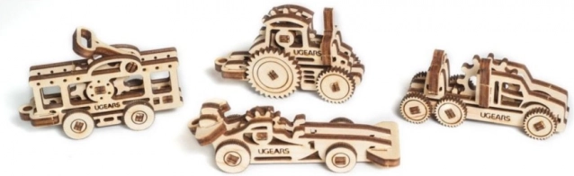Ugears 3D medinė mechaninė dėlionė – 4 transporto priemonių pakabukų rinkinys