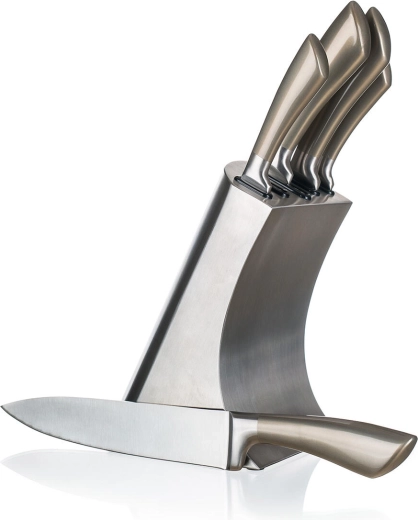 Virtuvinių peilių rinkinys METALLIC Platinum iš nerūdijančio plieno, 5 vnt. su stovu