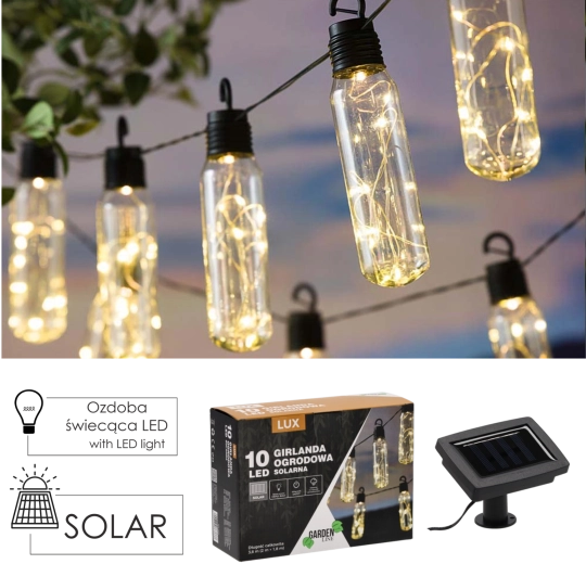 Saulės sodo šviesos girlianda 10 LED, šiltai balta, 3,8 m