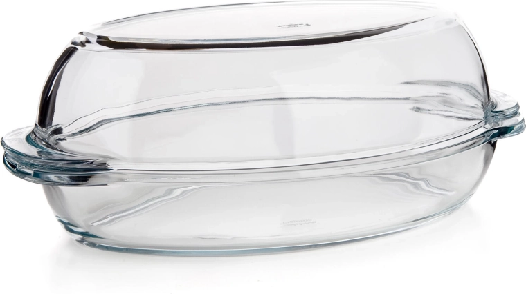 Stiklinis ovalus kepimo indas su dangčiu 4,6 l (2,8 + 1,8 l), 34 × 19,6 cm