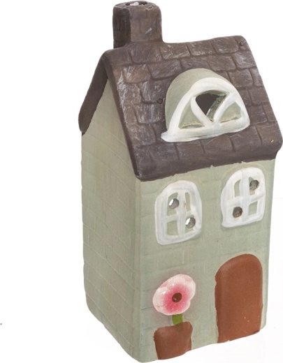 Keraminė žvakidė namelio formos, žalia–pilka, 16 cm