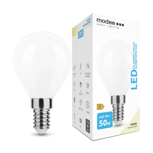 LED lemputė Modee Smart Lighting Filament Milky Globe Mini E14 7 W neutrali balta