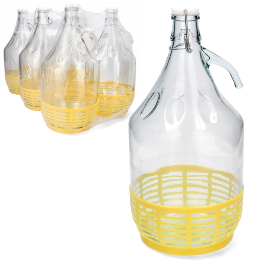 Stiklinis 5 l damižonas su plastikiniu krepšiu ir mechaniniu uždarymu
