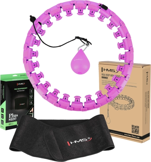 Masažinis išmanusis hula hoop lankas su svareliu HMS HHW12 Plus Size + liekninantis neopreninis diržas BR163, violetinis